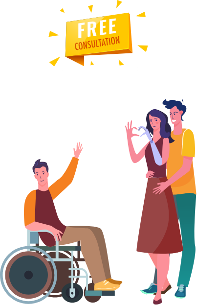 Free consultation button and clip art of three people, one is using a wheelchair and another has a prosthetic limb