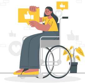 woman in wheelchair holding thumbs up icon with background like icons and decorative plant